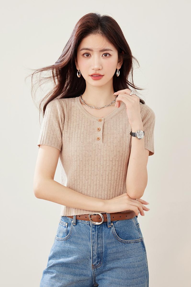 實拍春夏新款針織衫女短袖短款圓領韓版半開領純色套頭小款女