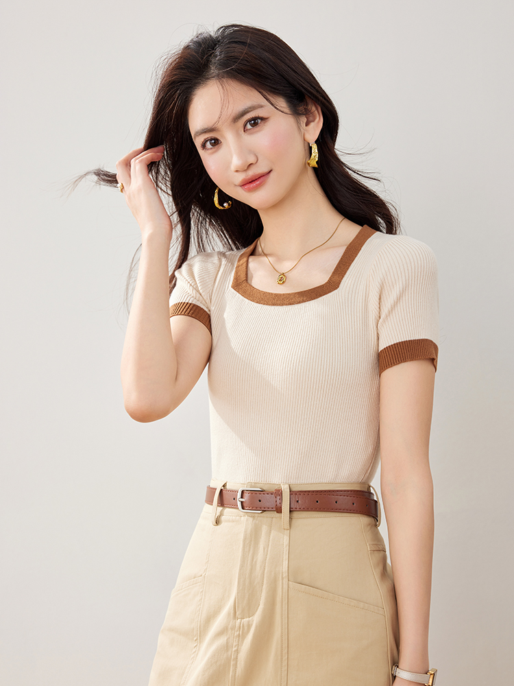 實拍春夏新款針織衫女短袖短款小香風方領套頭小款小個子上衣