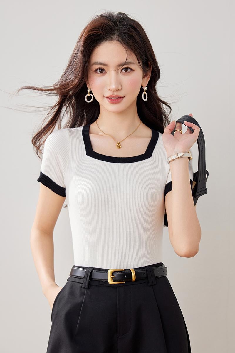 實拍春夏新款針織衫女短袖短款小香風方領套頭小款小個子上衣