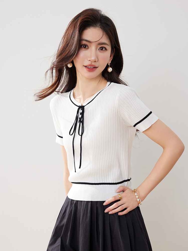 實拍法式小香風系帶撞色冰絲針織衫女2026新款夏季薄款短袖女