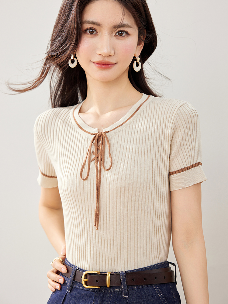 實拍法式小香風系帶撞色冰絲針織衫女2026新款夏季薄款短袖女