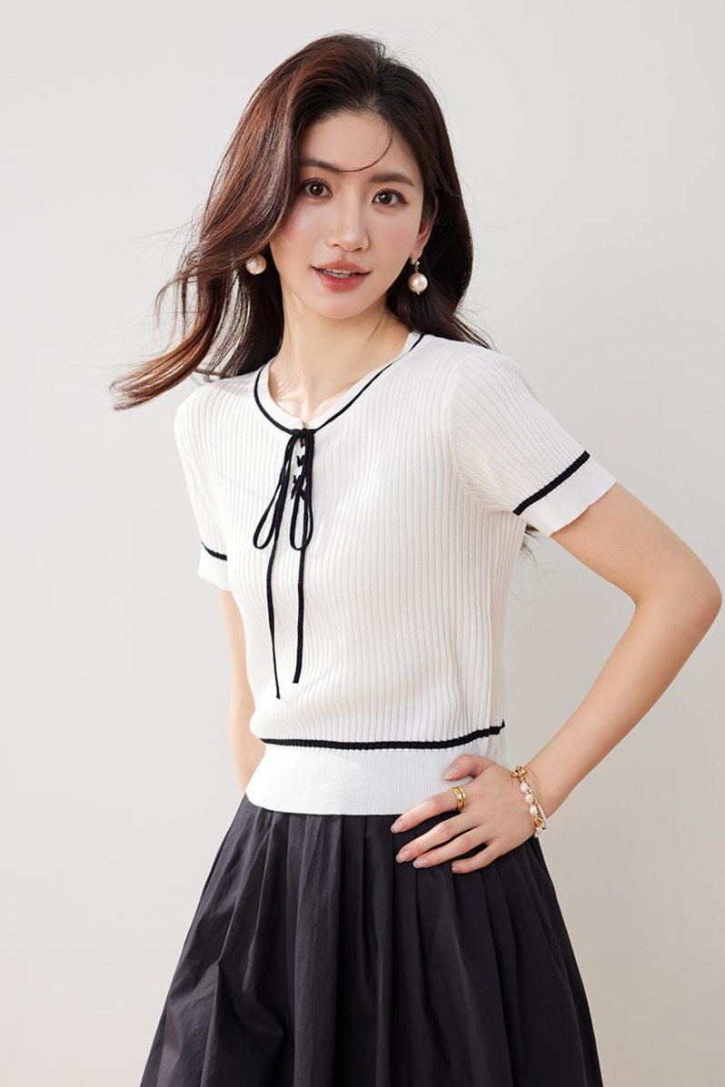 實拍法式小香風系帶撞色冰絲針織衫女2026新款夏季薄款短袖女