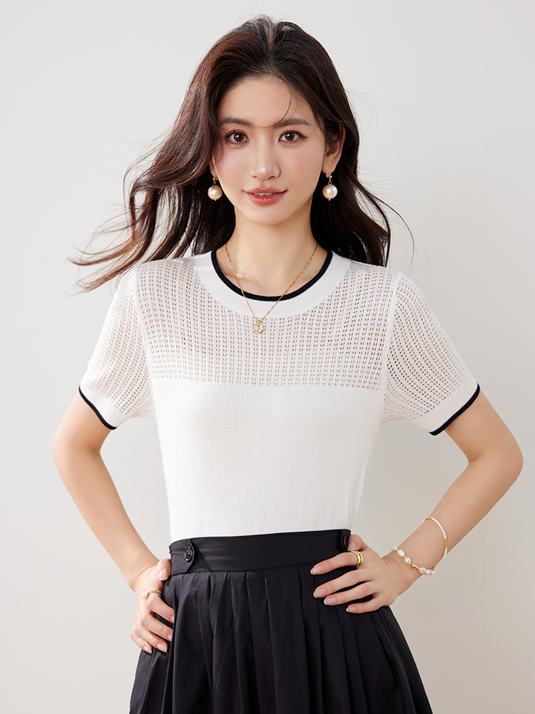 實拍新款春夏冰絲針織衫女鏤空小香風短袖純色圓領短款薄款女