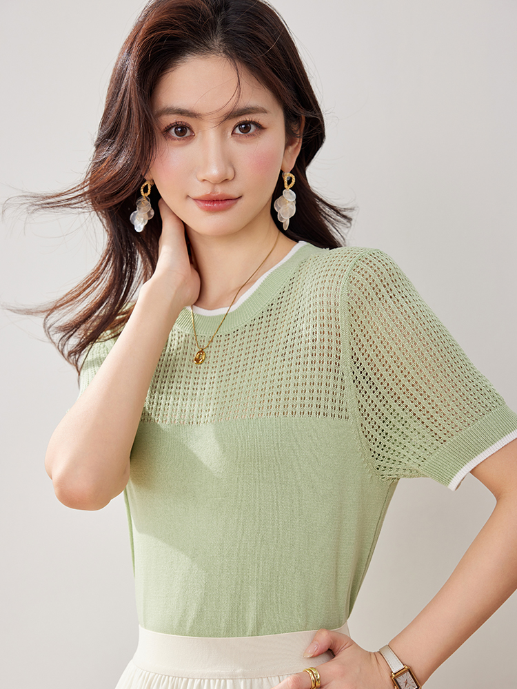 實拍新款春夏冰絲針織衫女鏤空小香風短袖純色圓領短款薄款女