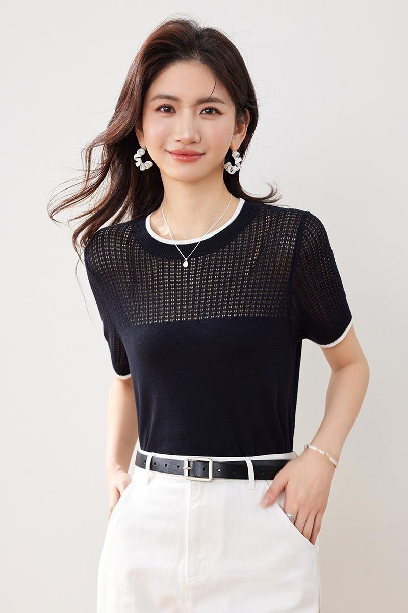 實拍新款春夏冰絲針織衫女鏤空小香風短袖純色圓領短款薄款女