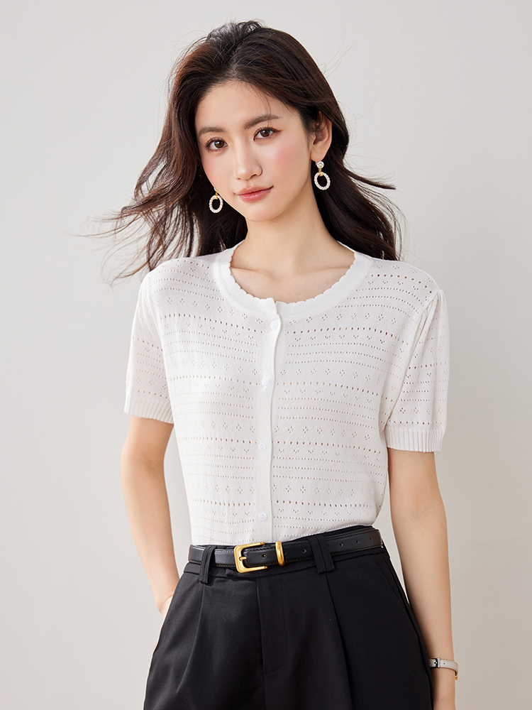 實拍新款冰絲針織衫開衫女短袖鏤空圓領小外套純色短款外搭女