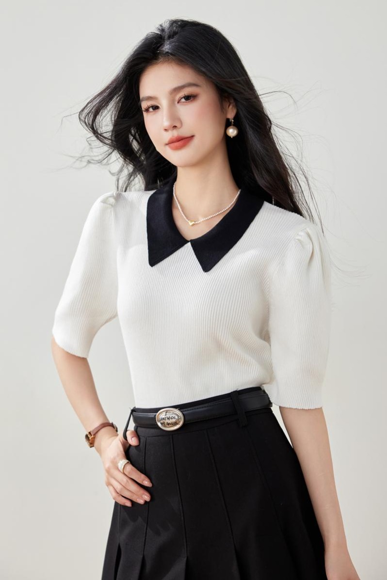 實拍春夏新款冰絲針織衫女短袖韓版小香風撞色翻領泡泡袖短款