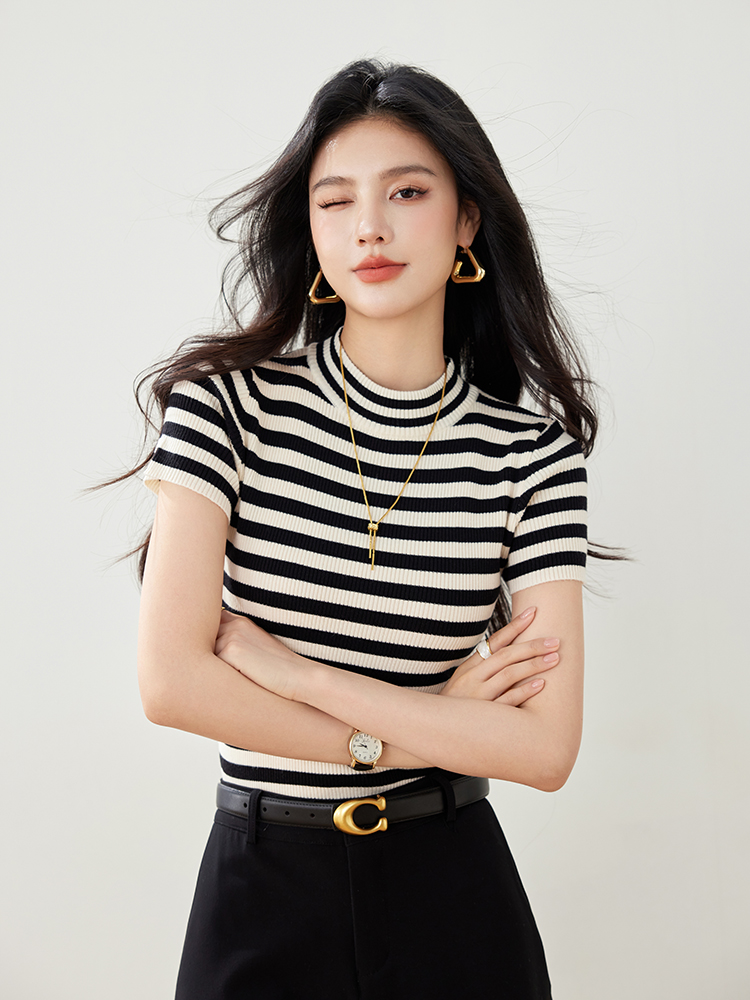 實拍春夏新款短袖針織衫女條紋韓版百搭短款修身小款小個子女