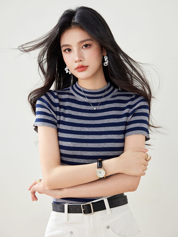 實拍春夏新款短袖針織衫女條紋韓版百搭短款修身小款小個子女