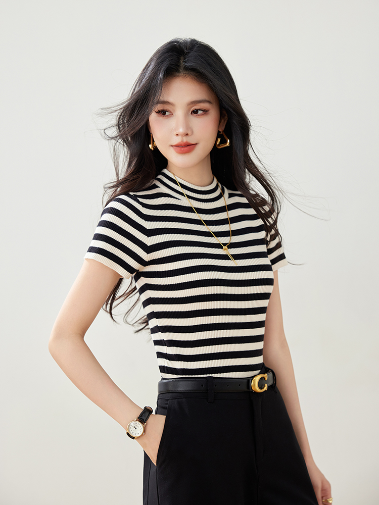 實拍春夏新款短袖針織衫女條紋韓版百搭短款修身小款小個子女
