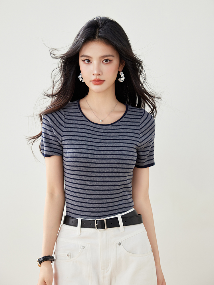 實拍春夏新款針織衫女短袖圓領條紋韓版復古短款小款小個子女