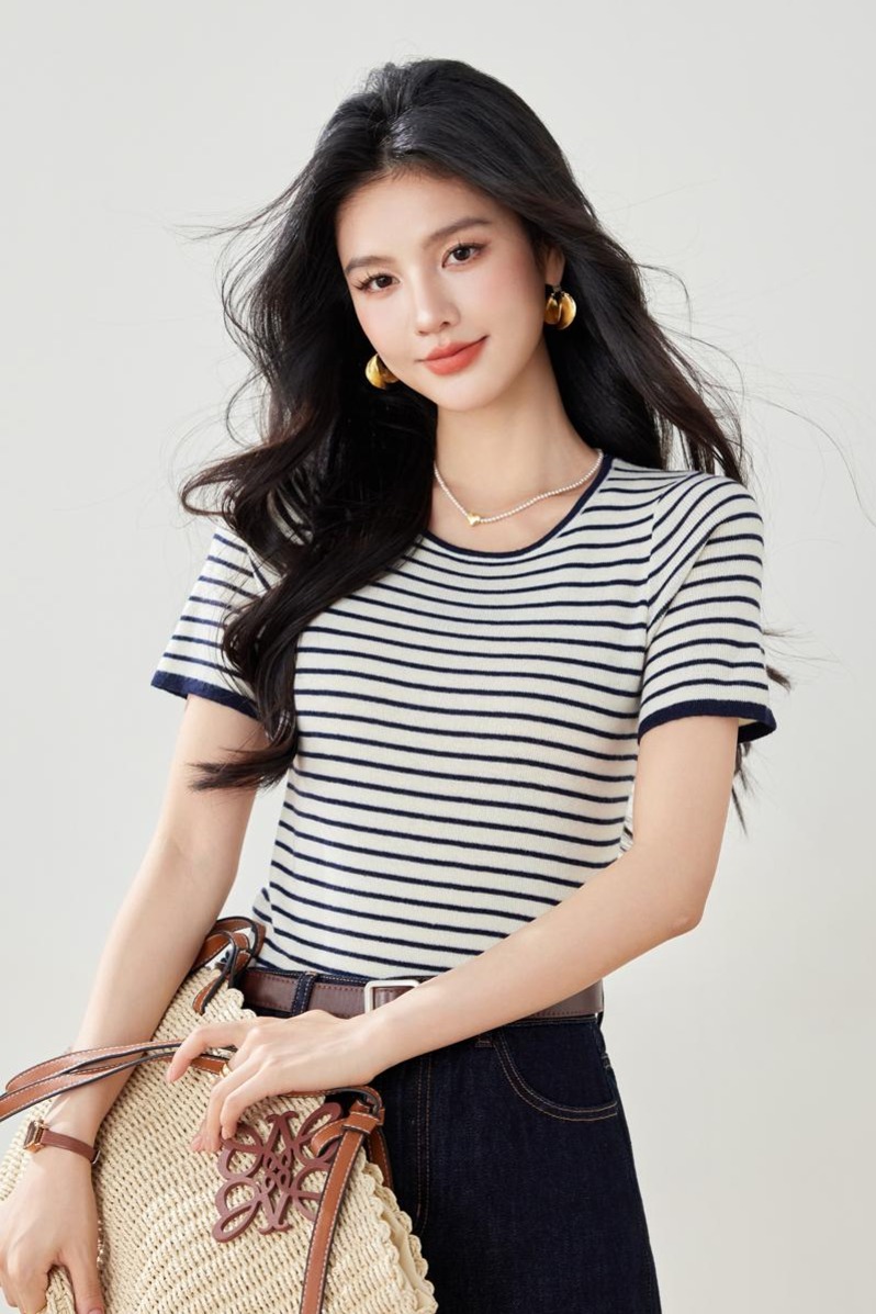 實拍春夏新款針織衫女短袖圓領條紋韓版復古短款小款小個子女