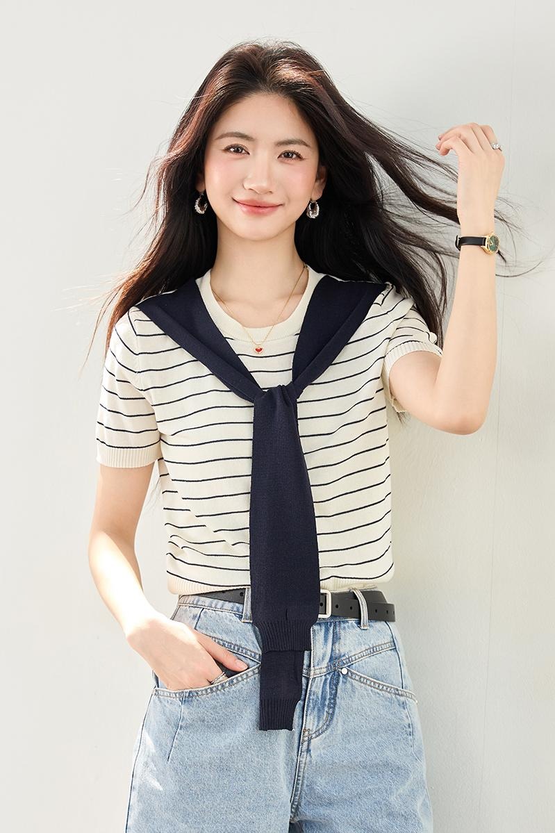 實拍拼色條紋披肩假兩件正肩短袖針織衫女夏季寬松半袖體恤上