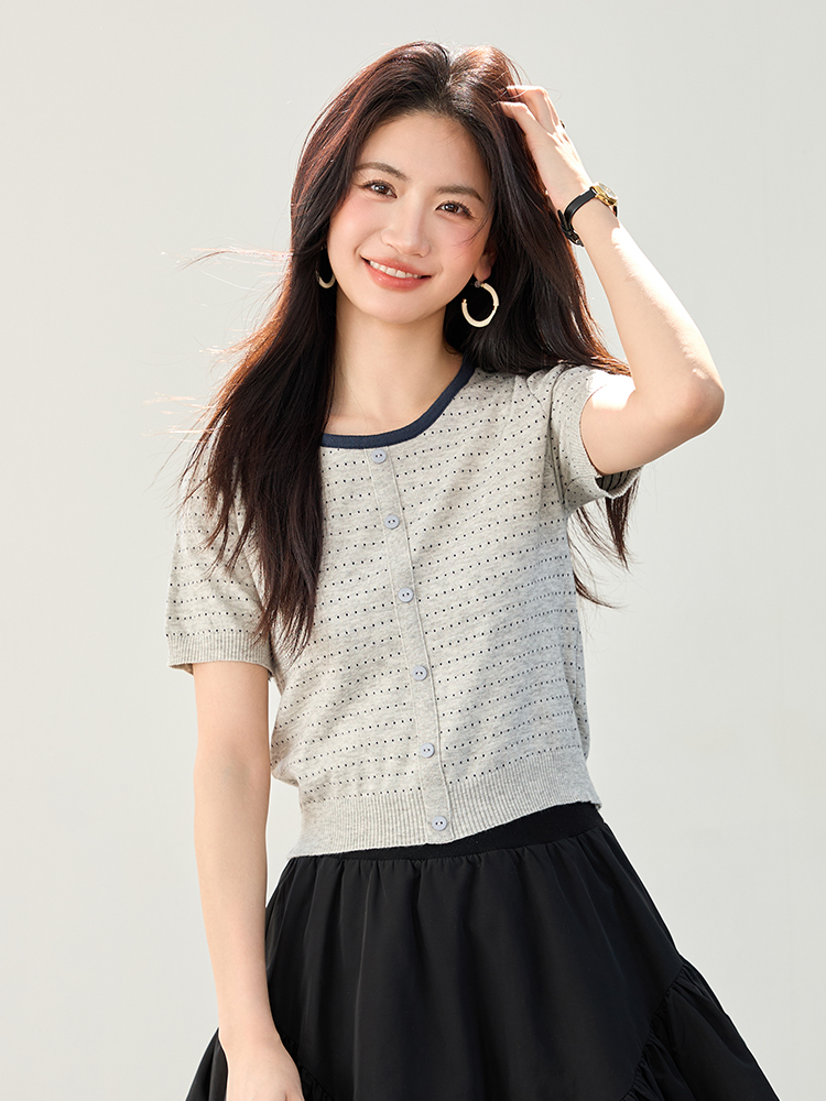 實拍法式小香風波點短袖針織女薄款2026夏季新款拼色套頭女裝