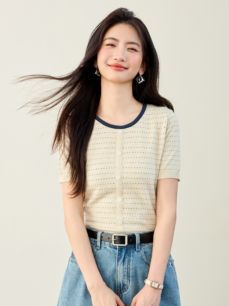 實拍法式小香風波點短袖針織女薄款2026夏季新款拼色套頭女裝
