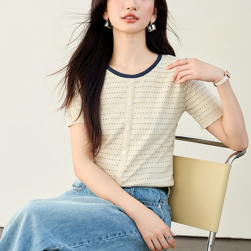 實拍法式小香風波點短袖針織女薄款2026夏季新款拼色套頭女裝