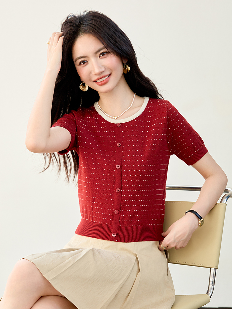 實拍法式小香風波點短袖針織女薄款2026夏季新款拼色套頭女裝