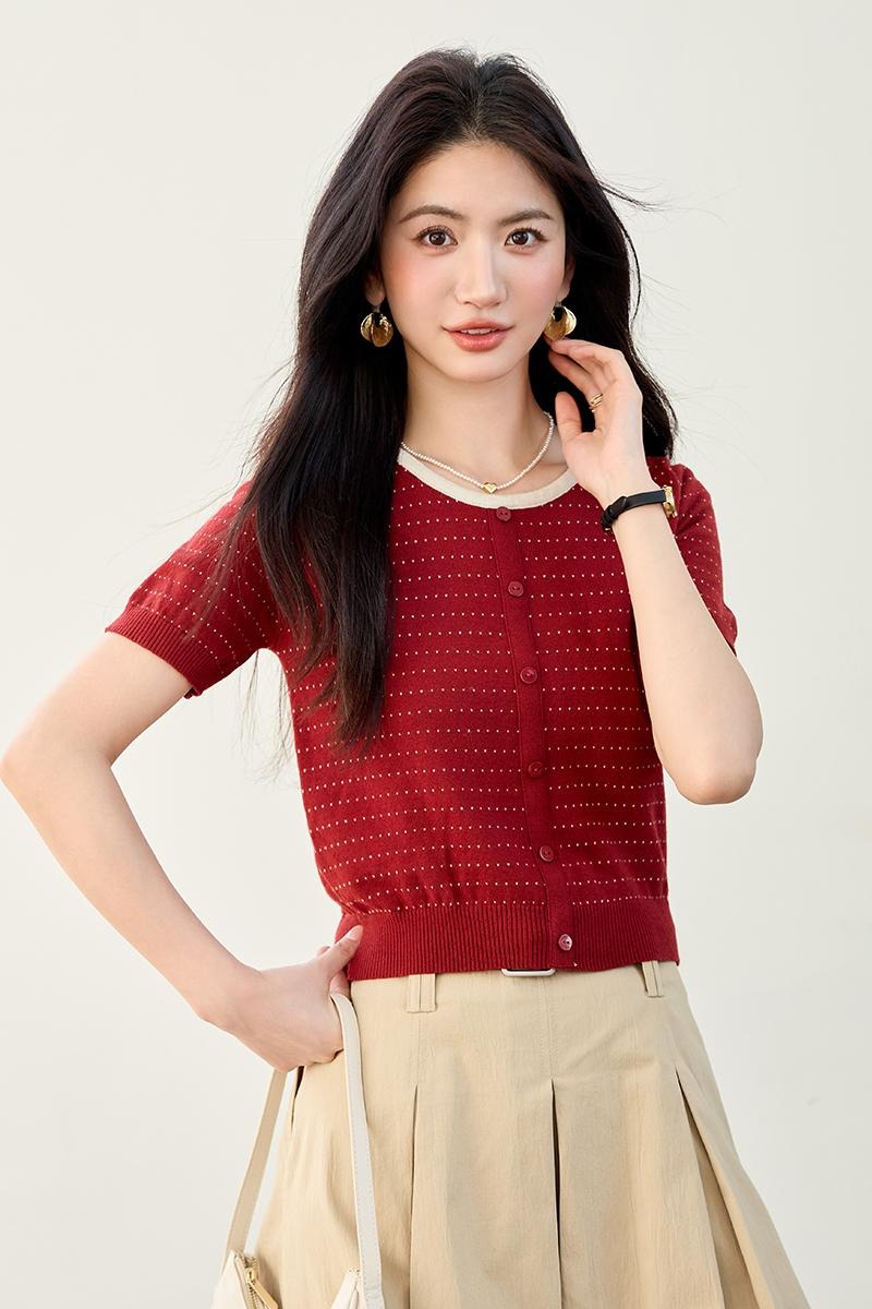 實拍法式小香風波點短袖針織女薄款2026夏季新款拼色套頭女裝