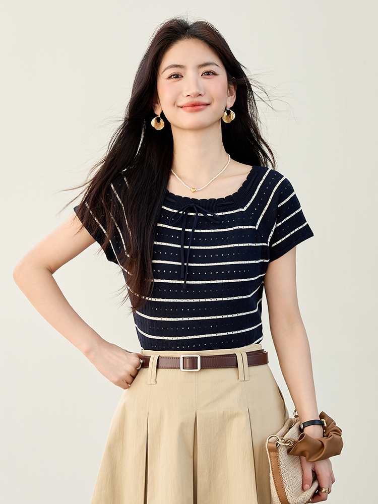 實拍古力娜扎同款韓版鏤空綁帶條紋針織衫女夏裝新款寬松外搭
