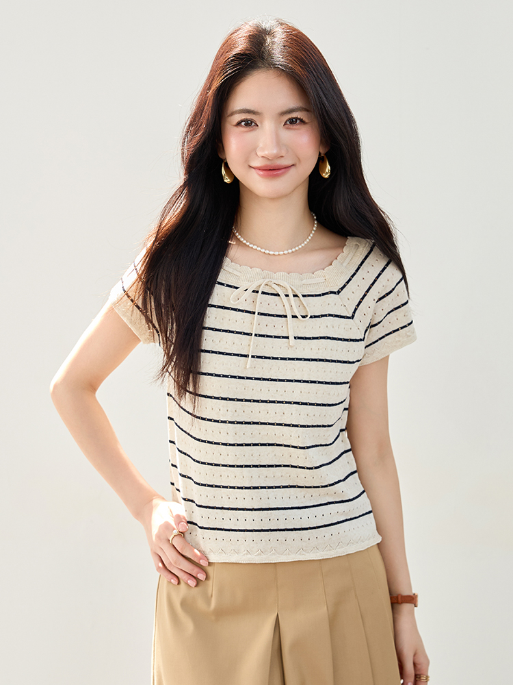 實拍古力娜扎同款韓版鏤空綁帶條紋針織衫女夏裝新款寬松外搭