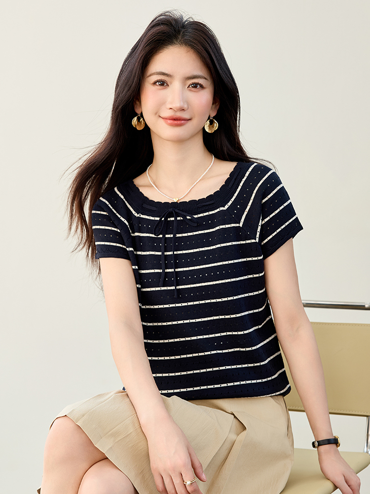 實拍古力娜扎同款韓版鏤空綁帶條紋針織衫女夏裝新款寬松外搭