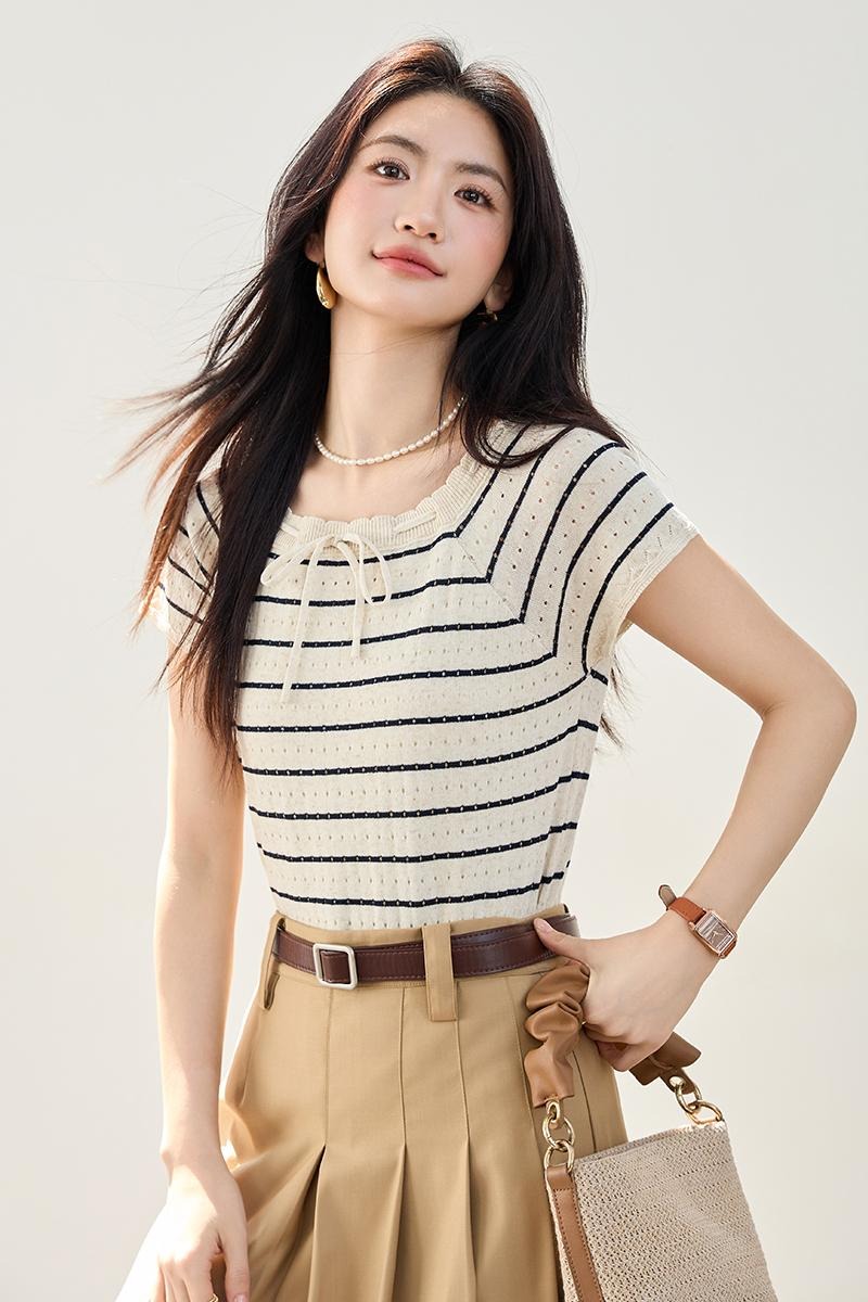 實拍古力娜扎同款韓版鏤空綁帶條紋針織衫女夏裝新款寬松外搭