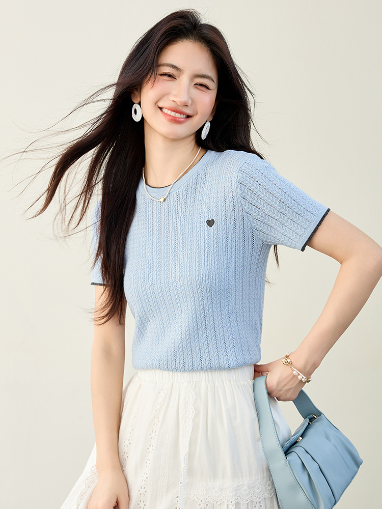 實拍南油高貨愛心提花針織衫短袖T恤女夏季新款顯瘦短款內搭