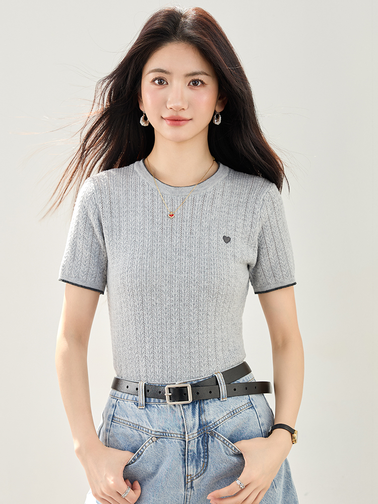 實拍南油高貨愛心提花針織衫短袖T恤女夏季新款顯瘦短款內搭