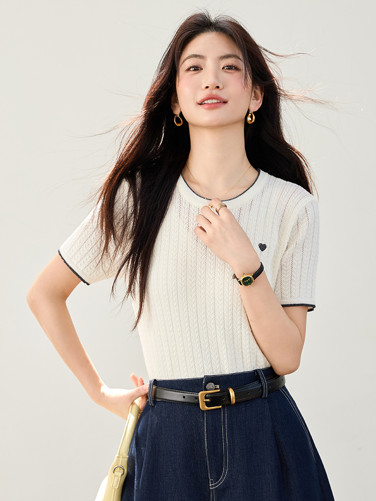 實拍南油高貨愛心提花針織衫短袖T恤女夏季新款顯瘦短款內搭
