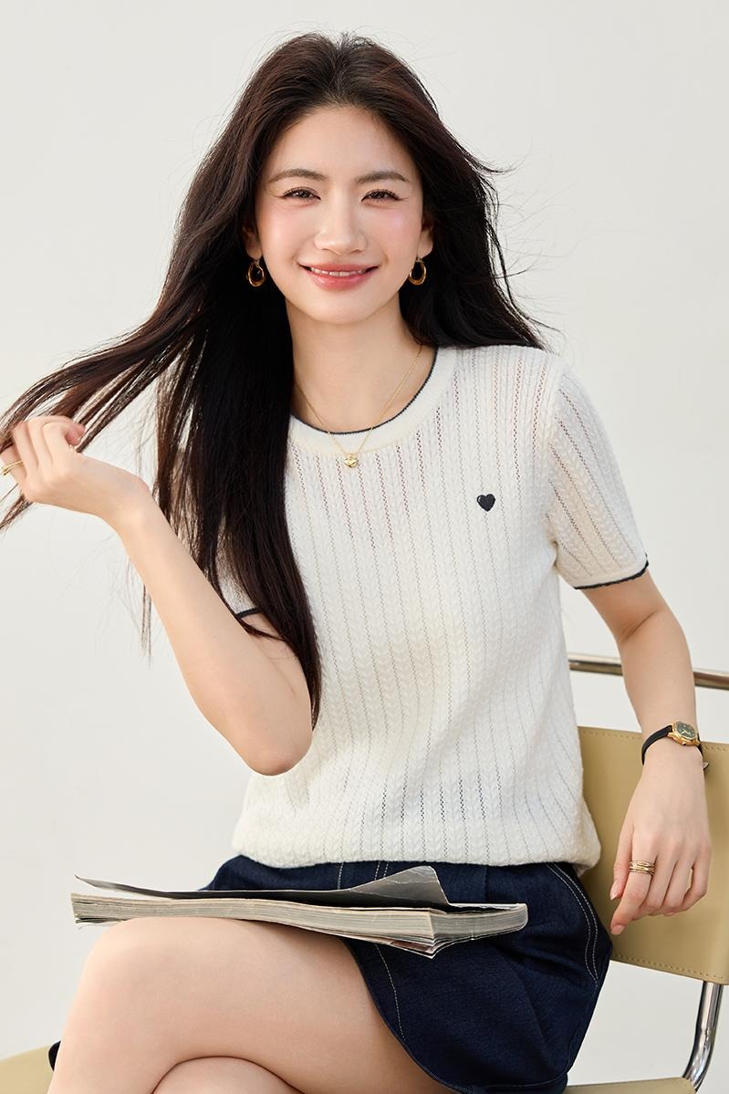 實拍南油高貨愛心提花針織衫短袖T恤女夏季新款顯瘦短款內搭