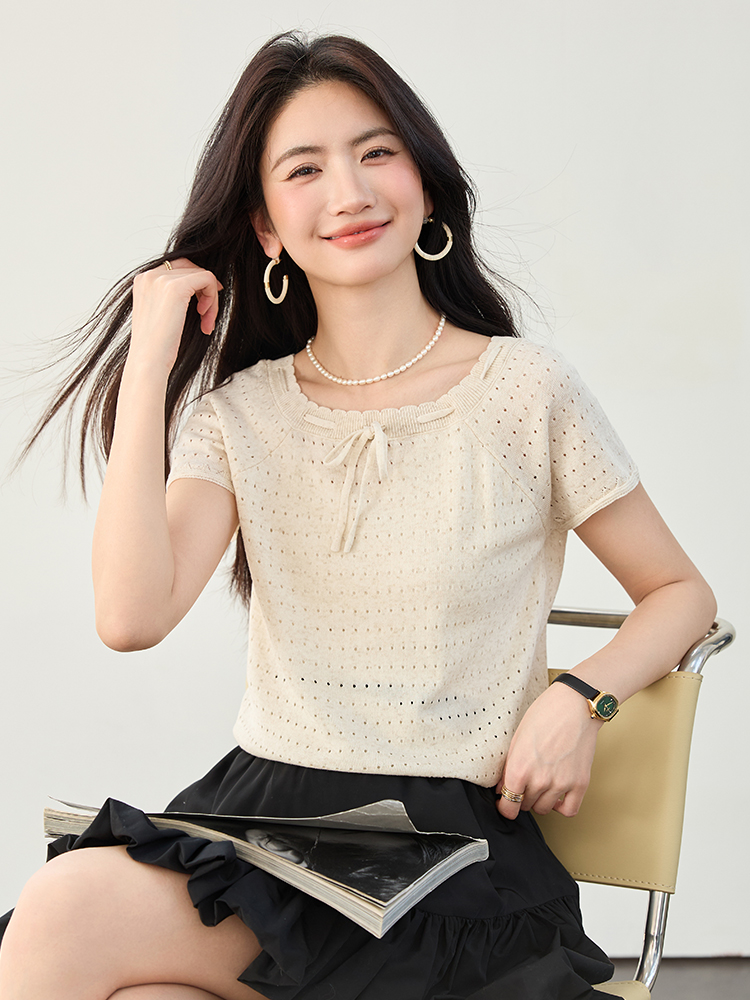 實拍鏤空冰絲針織短袖T恤女2026夏季新款設計感系帶方領短款