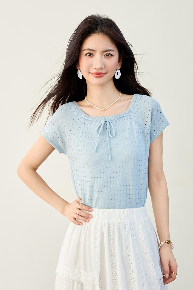 實拍鏤空冰絲針織短袖T恤女2026夏季新款設計感系帶方領短款