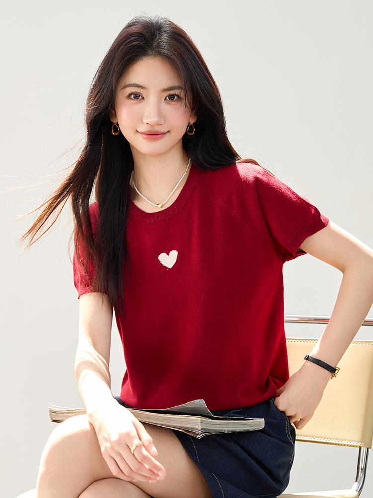 實拍簡約通勤短袖針織衫女2026春季新款優雅氣質愛心裝飾上衣