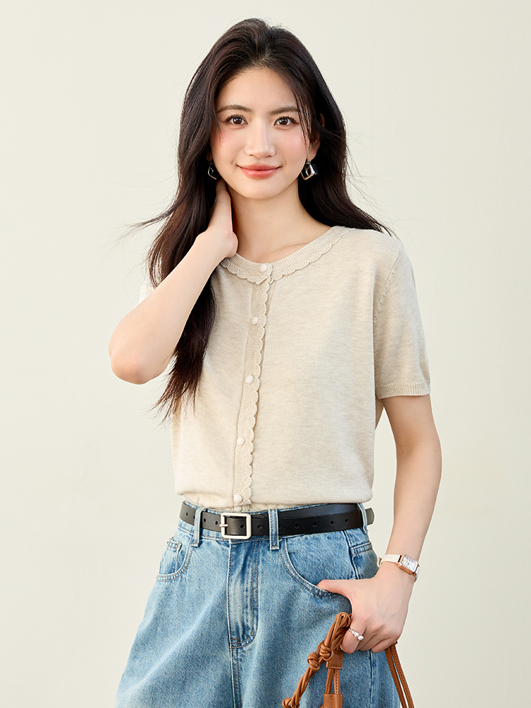 實拍新款冰絲針織衫女短袖小香風花邊領圓領花邊甜美小外套女