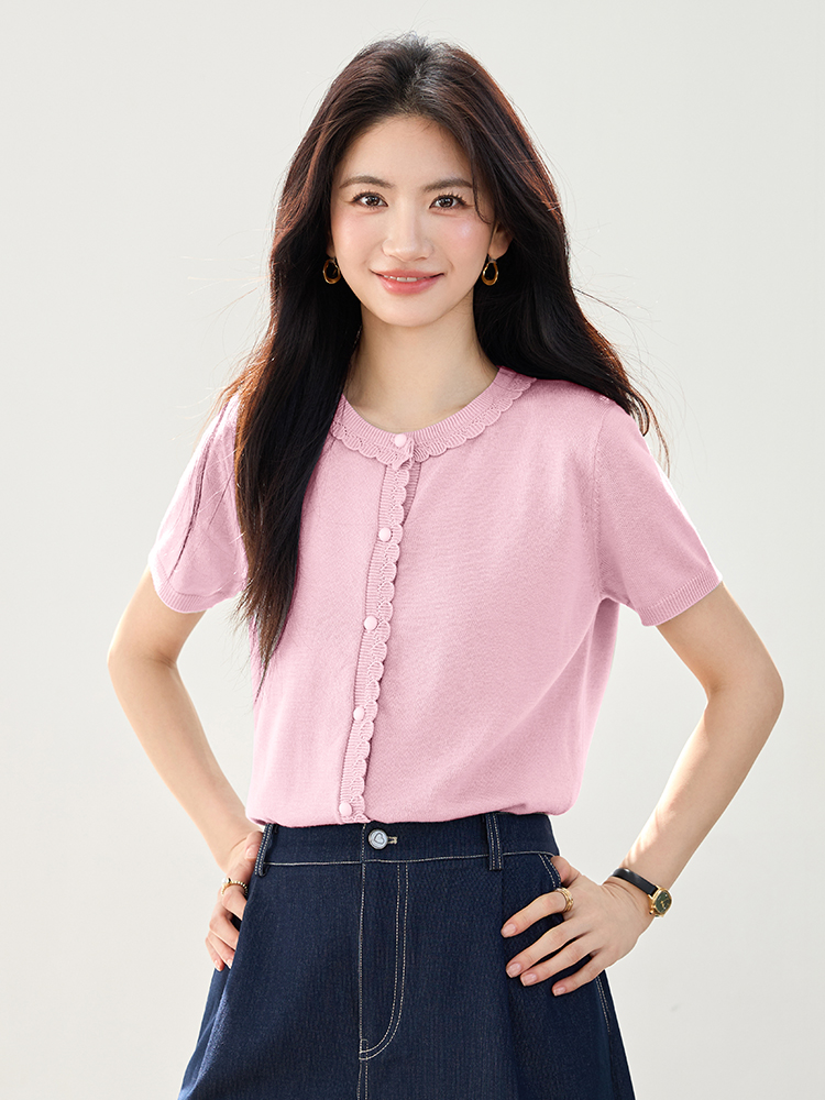 實拍新款冰絲針織衫女短袖小香風花邊領圓領花邊甜美小外套女
