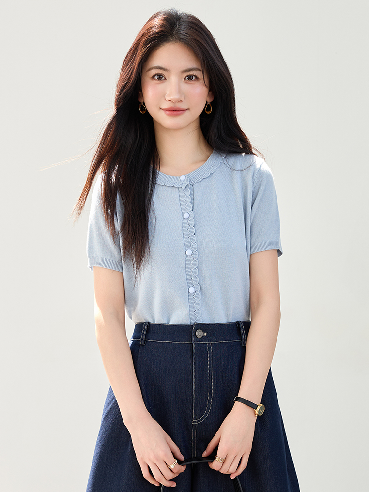 實拍新款冰絲針織衫女短袖小香風花邊領圓領花邊甜美小外套女