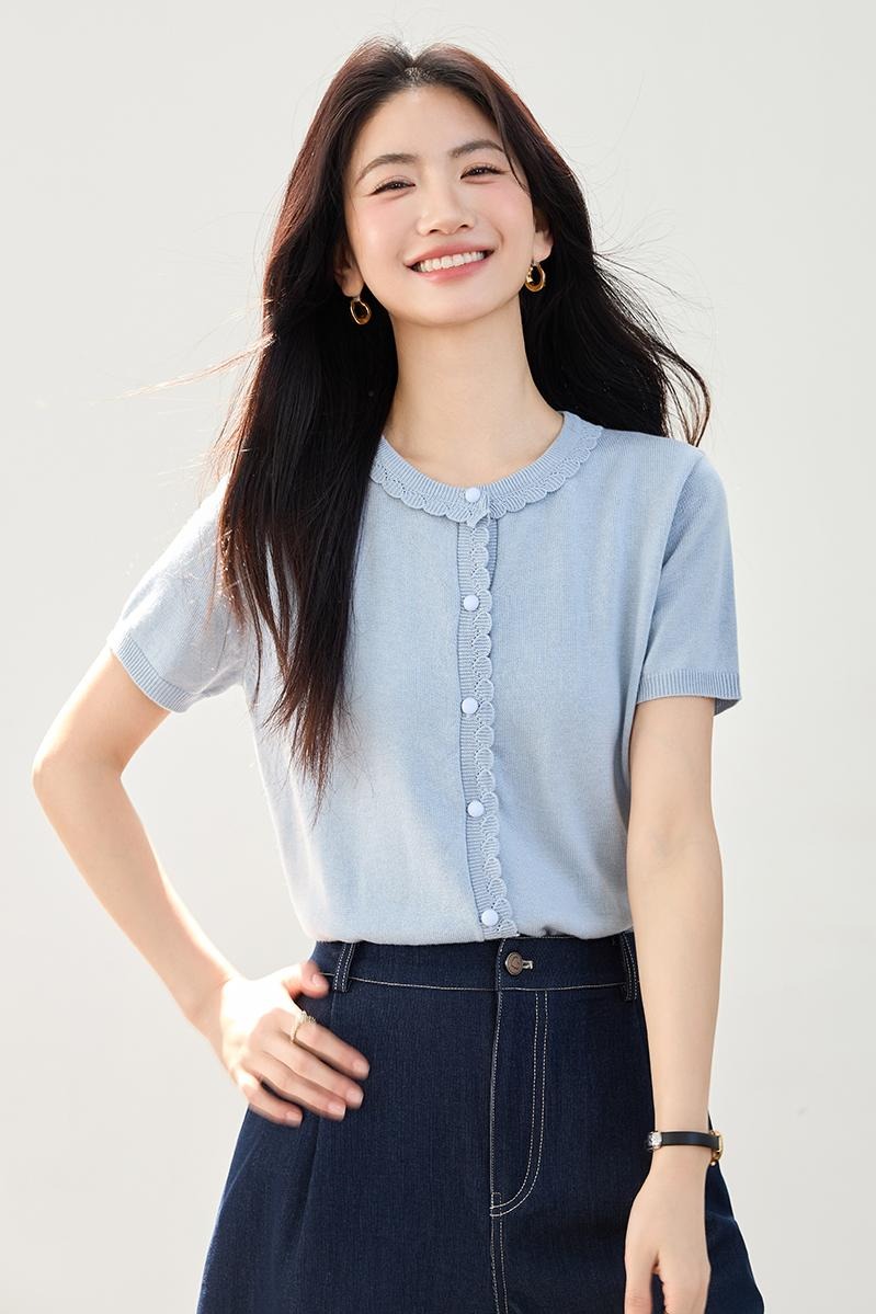 實拍新款冰絲針織衫女短袖小香風花邊領圓領花邊甜美小外套女