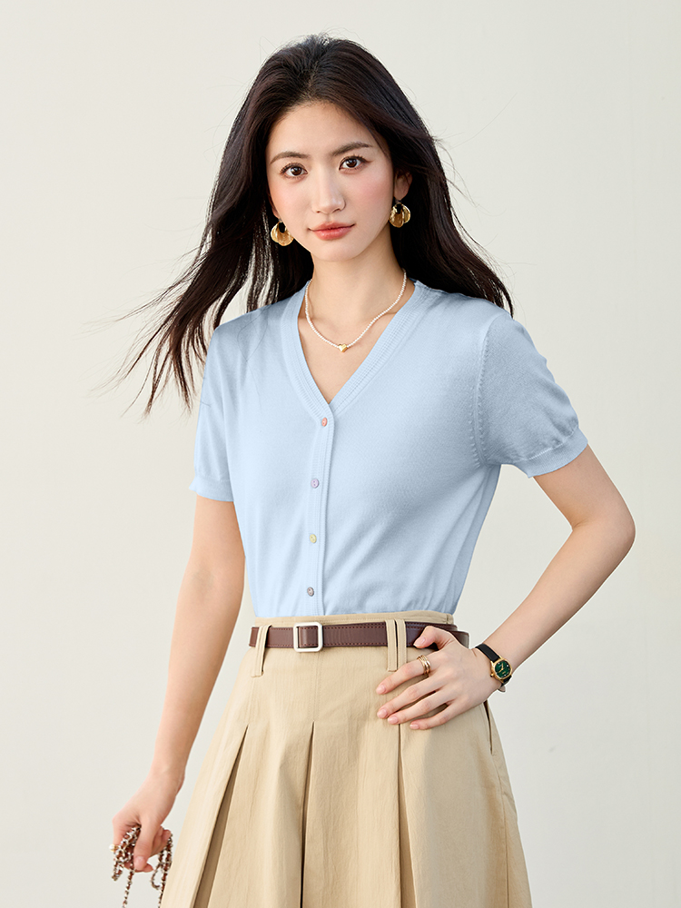 實拍新款夏季冰絲針織衫女V領開衫短袖外搭純色短款小外套女