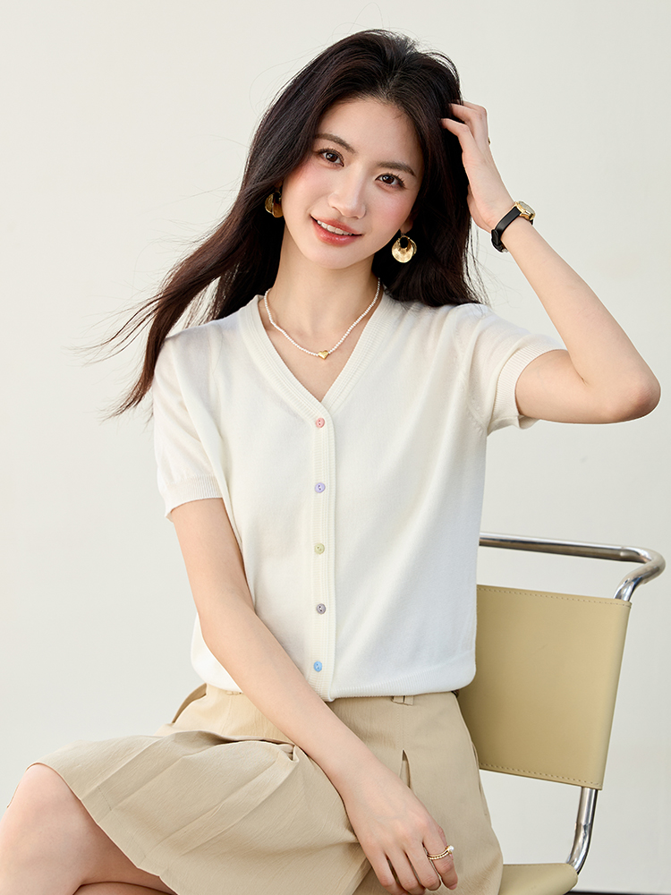實拍新款夏季冰絲針織衫女V領開衫短袖外搭純色短款小外套女