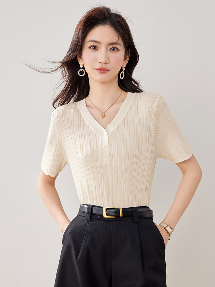 實拍春夏新款短袖冰絲針織衫女V領韓版短款純色小款小個子女