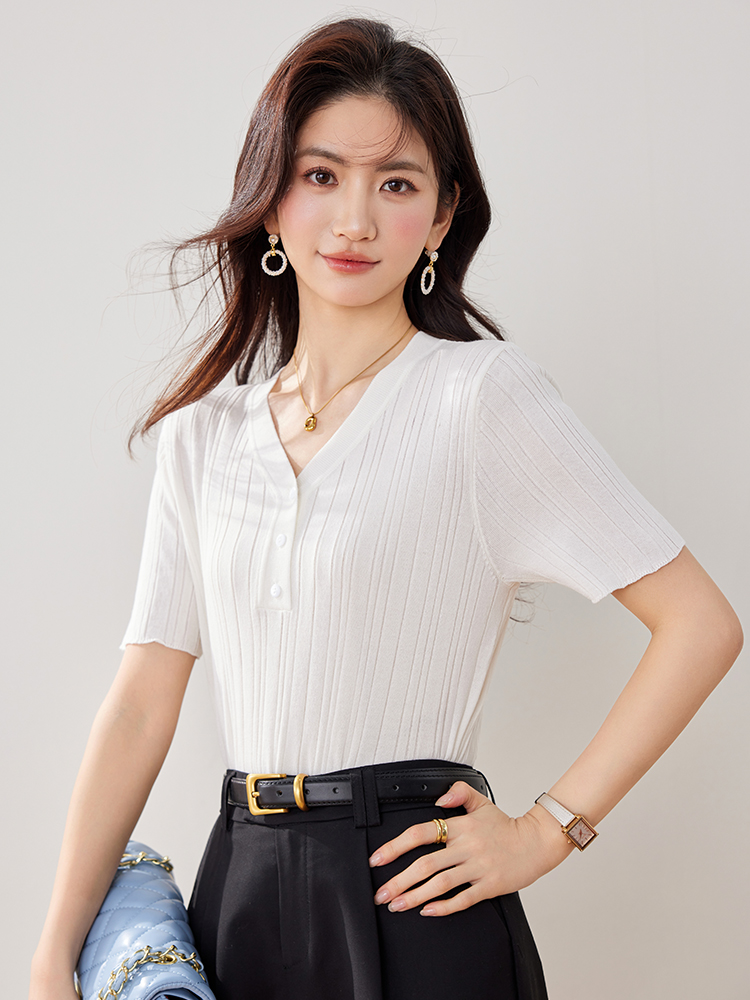 實拍春夏新款短袖冰絲針織衫女V領韓版短款純色小款小個子女
