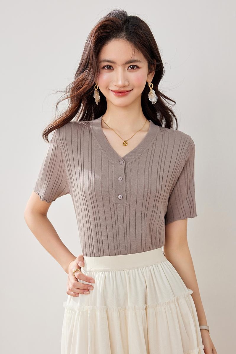 實拍春夏新款短袖冰絲針織衫女V領韓版短款純色小款小個子女
