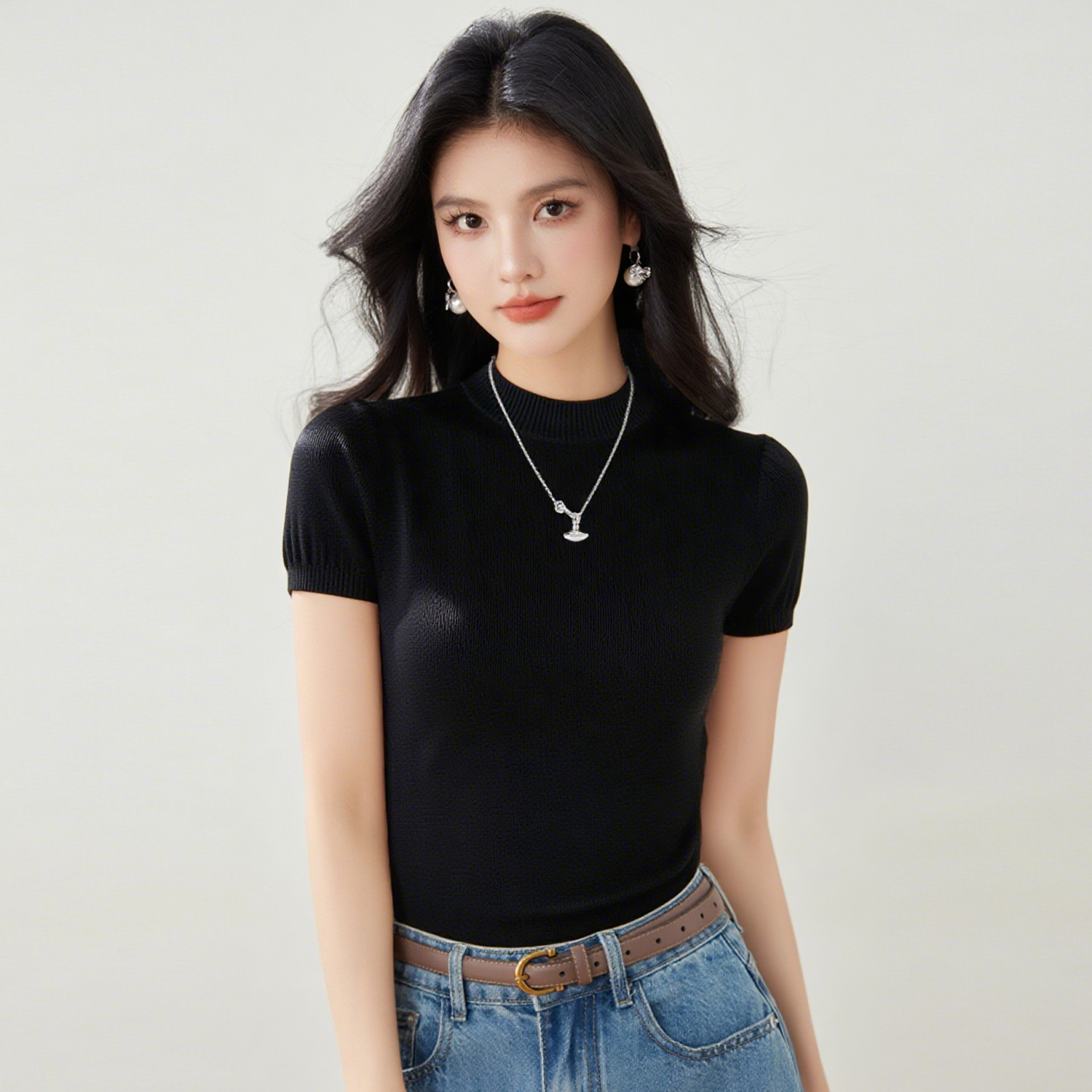 實拍早秋新款短袖針織衫女純色韓版百搭短款修身小款小個子女