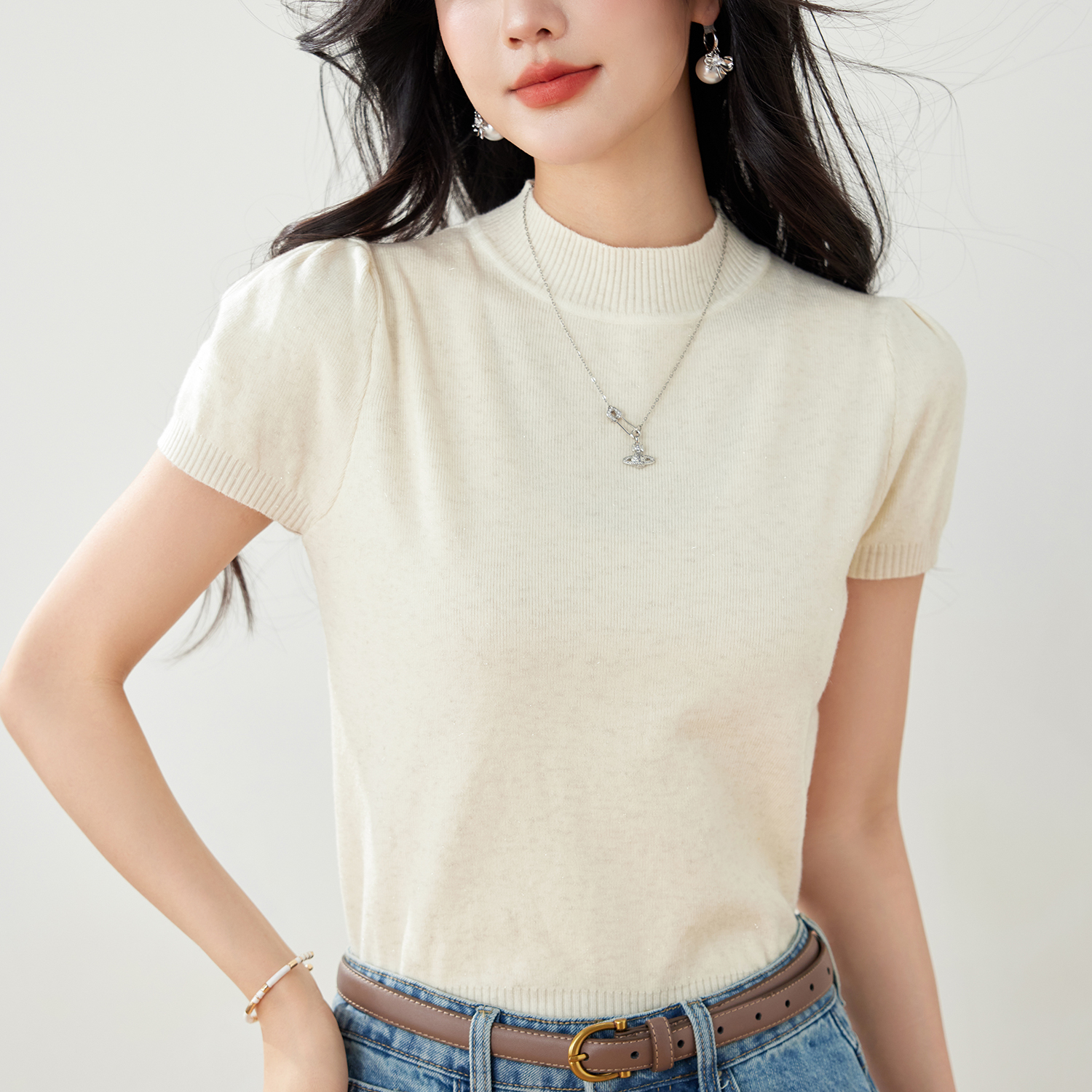 實拍早秋新款短袖針織衫女純色韓版百搭短款修身小款小個子女