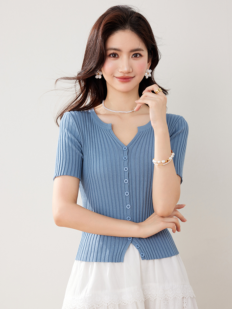 實拍春夏新款冰絲開衫針織衫女短袖小外套純色韓版短款外搭女