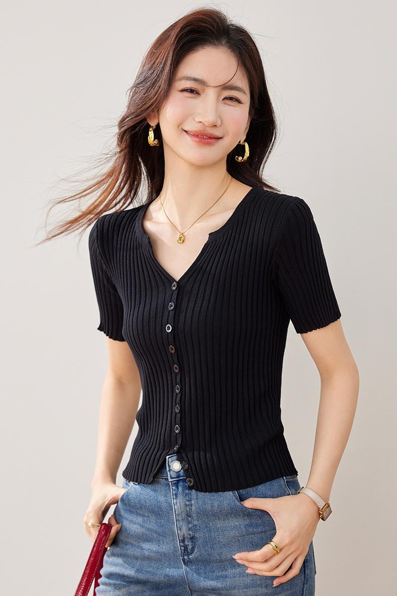 實拍春夏新款冰絲開衫針織衫女短袖小外套純色韓版短款外搭女