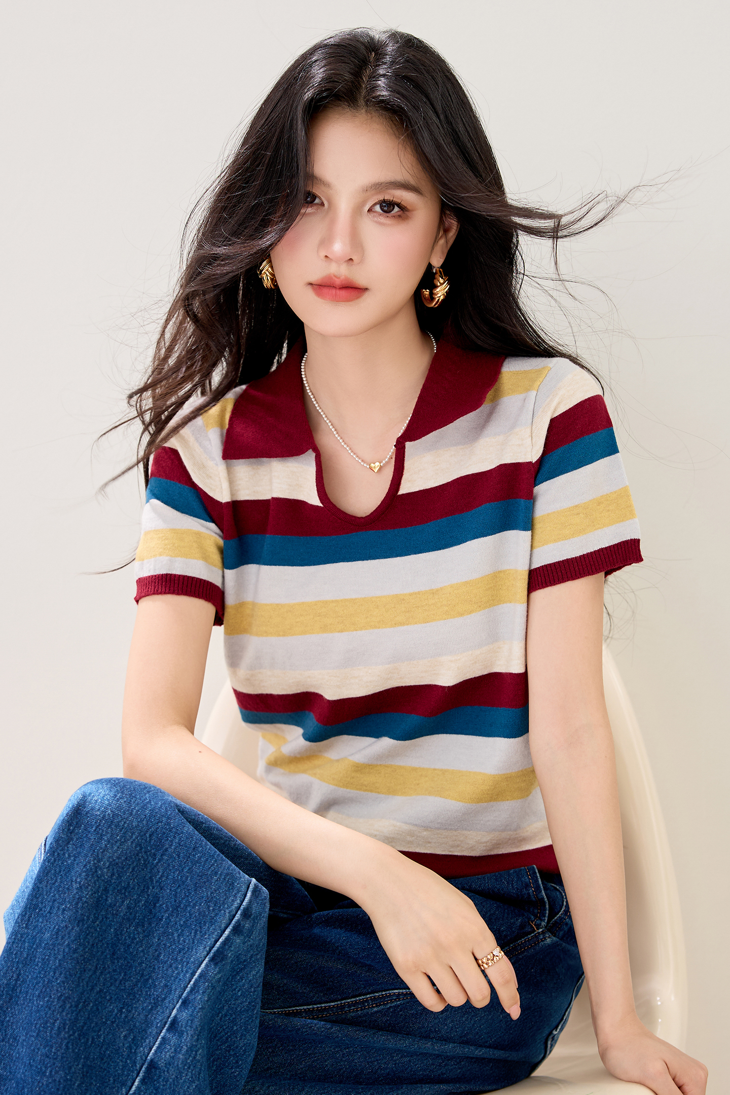 實拍春夏新款彩色條紋短袖針織衫女V領 Polo領韓版薄款短款女