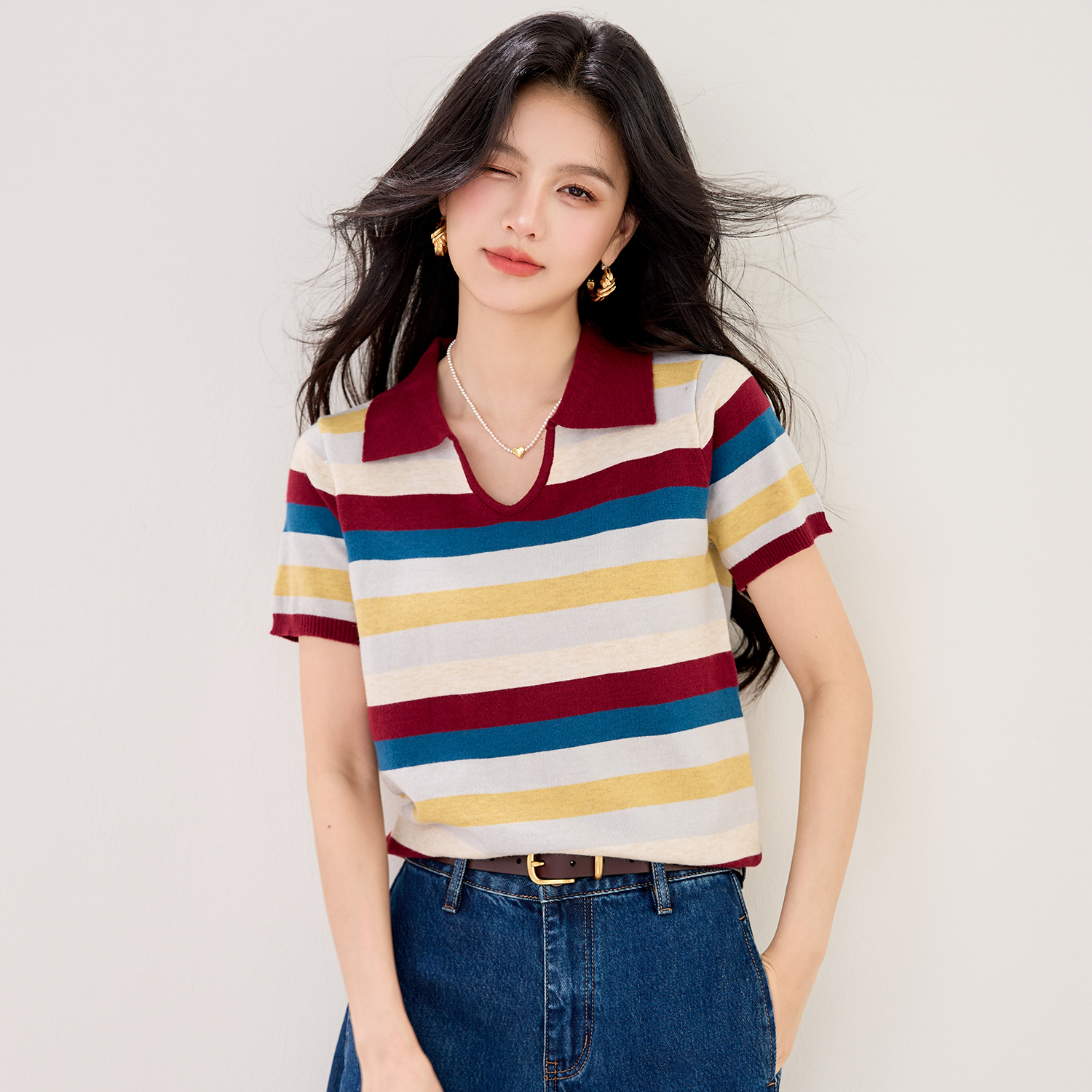 實拍春夏新款彩色條紋短袖針織衫女V領 Polo領韓版薄款短款女