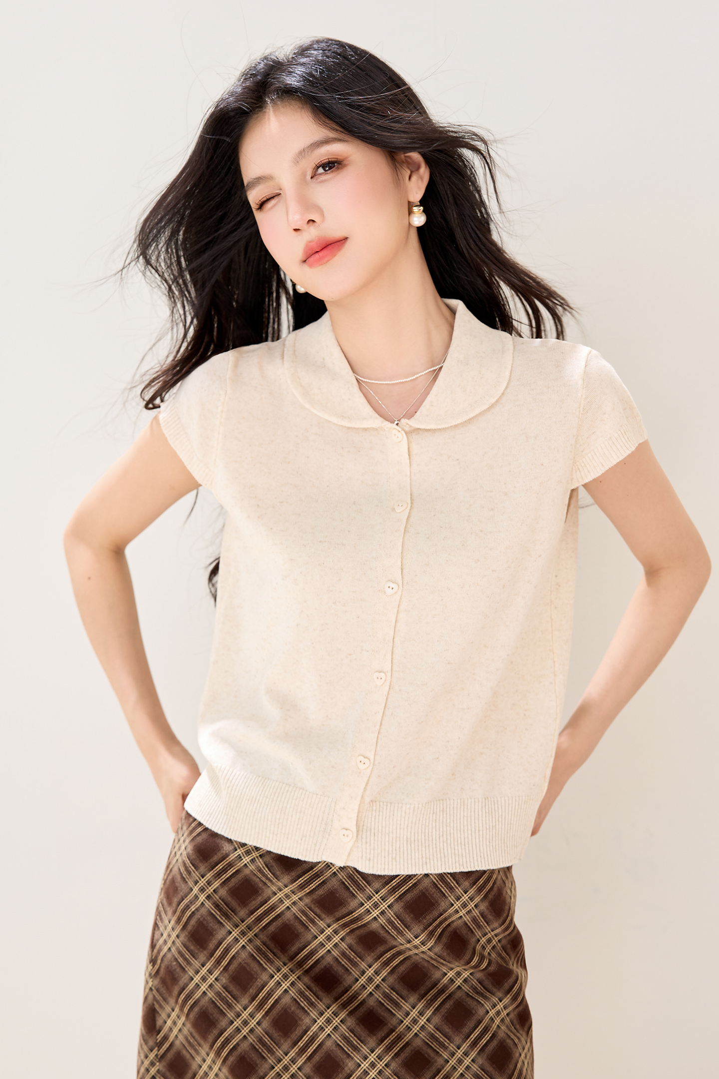 實拍短袖針織衫女春夏新款娃娃領開衫韓版短款小外套小個子外搭女