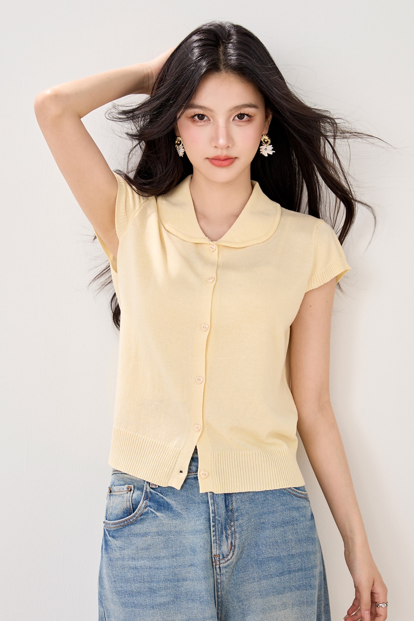 實拍短袖針織衫女春夏新款娃娃領開衫韓版短款小外套小個子外搭女
